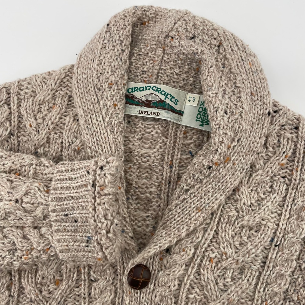 Aran Crafts Kids 4-5Y Merino Wool Cable Knit Cardigan Sweater Ireland Oatmeal